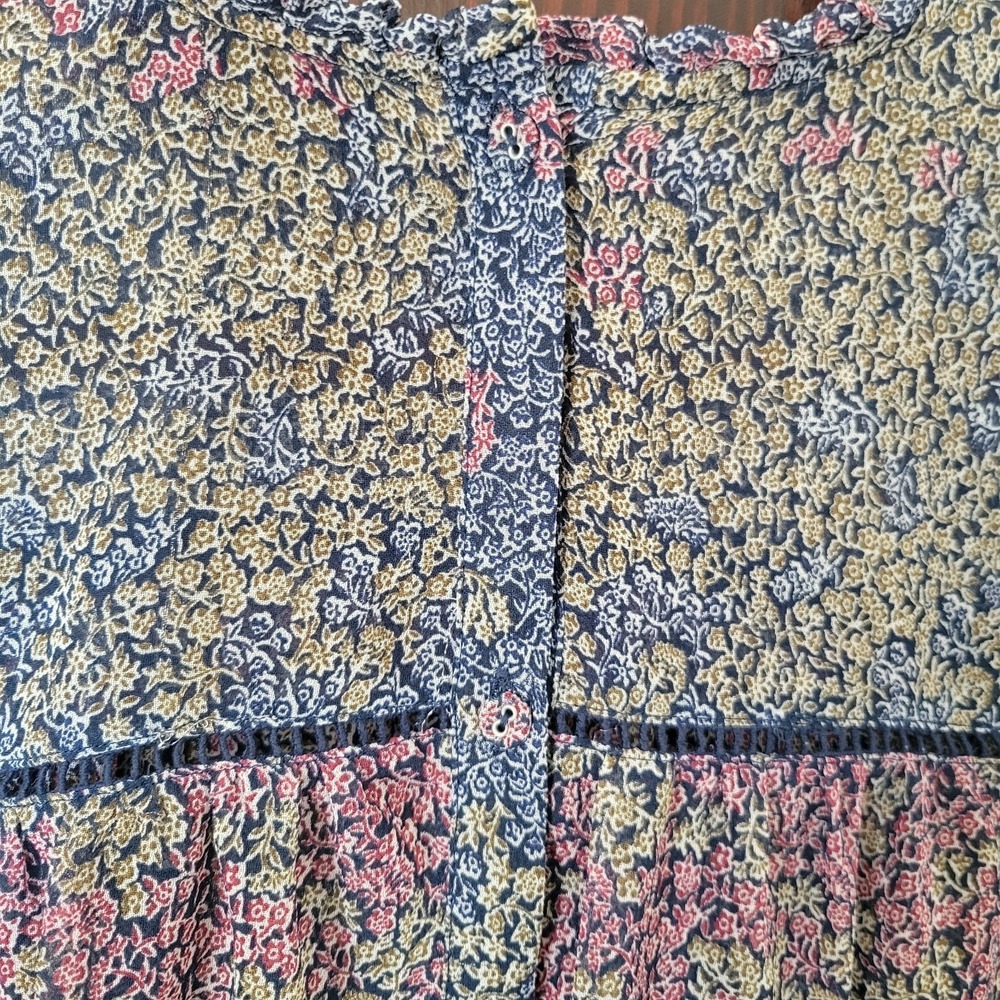 Lucky Brand Boho Sheer Floral Blouse Ruffle Prairie Back Button Romantic Sz L - Picture 9 of 10